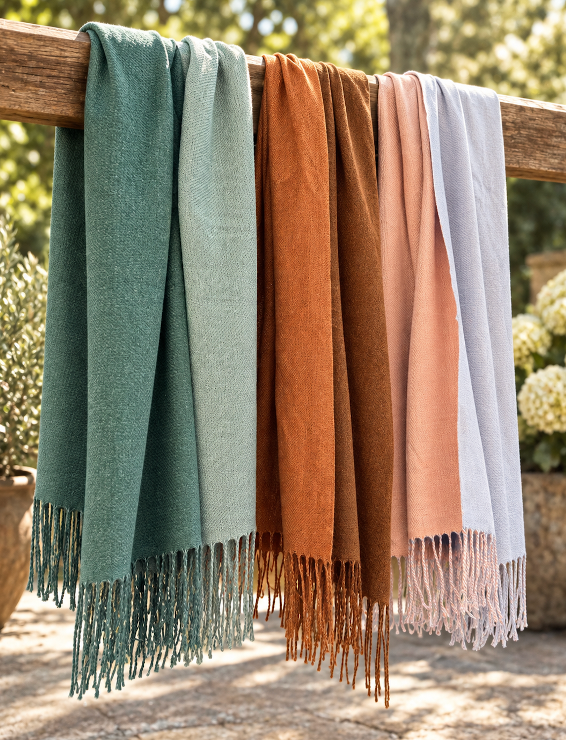 Three woven throw blankets in muted sage green, rust orange, blush pink, and pale blue hang from a wooden railing outdoors, with tasseled edges visible against a softly blurred garden background.
