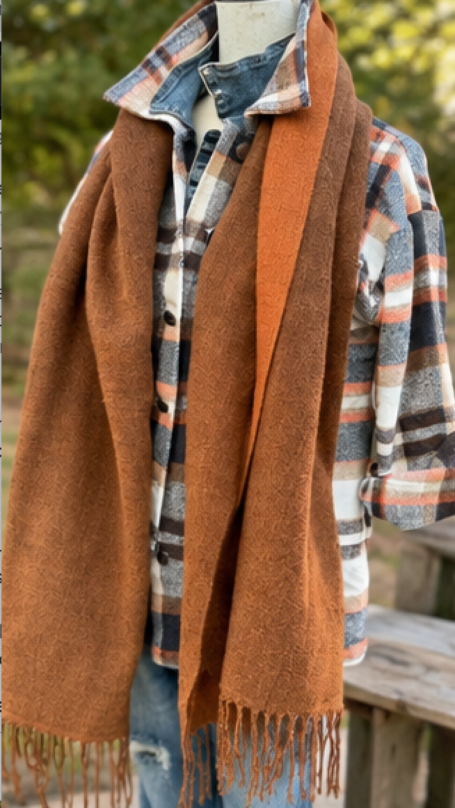 A rust-brown textured knit scarf with fringe ends, styled draped over a denim shirt and flannel plaid shirt on a mannequin torso, set against an outdoor background of green foliage and a wooden railing.