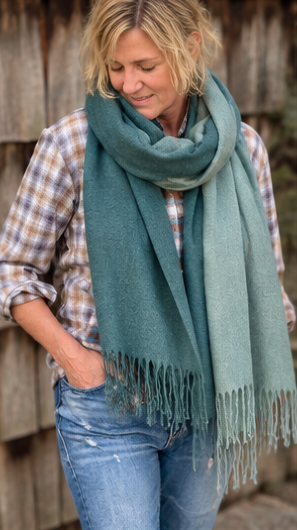 A woman wearing a large sage green fringed scarf over a plaid shirt and blue jeans, standing outdoors against a rustic wooden wall.