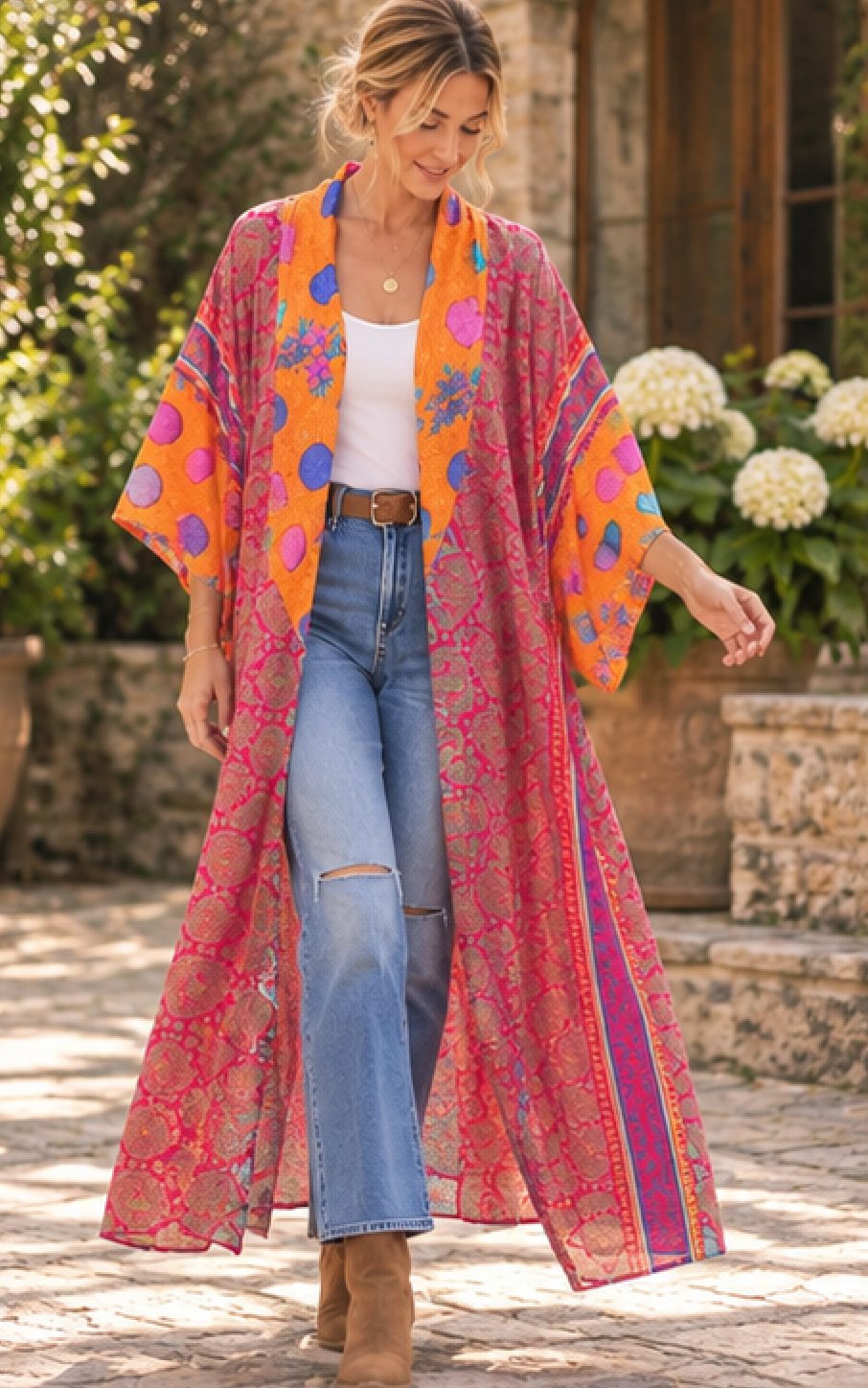 A woman wearing a vibrant orange and pink patterned open-front kimono cardigan over a white tank top and blue jeans, walking outdoors in a garden setting.