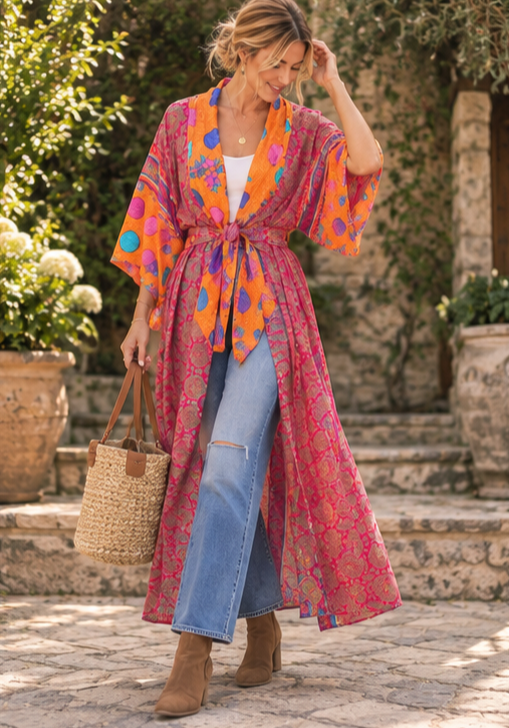 A woman stands outdoors in a garden courtyard wearing a long, loose kimono-style cardigan with a bright multicolor print. The cardigan features a dominant pink base with orange, purple, and blue circular motifs and a matching tie belt.