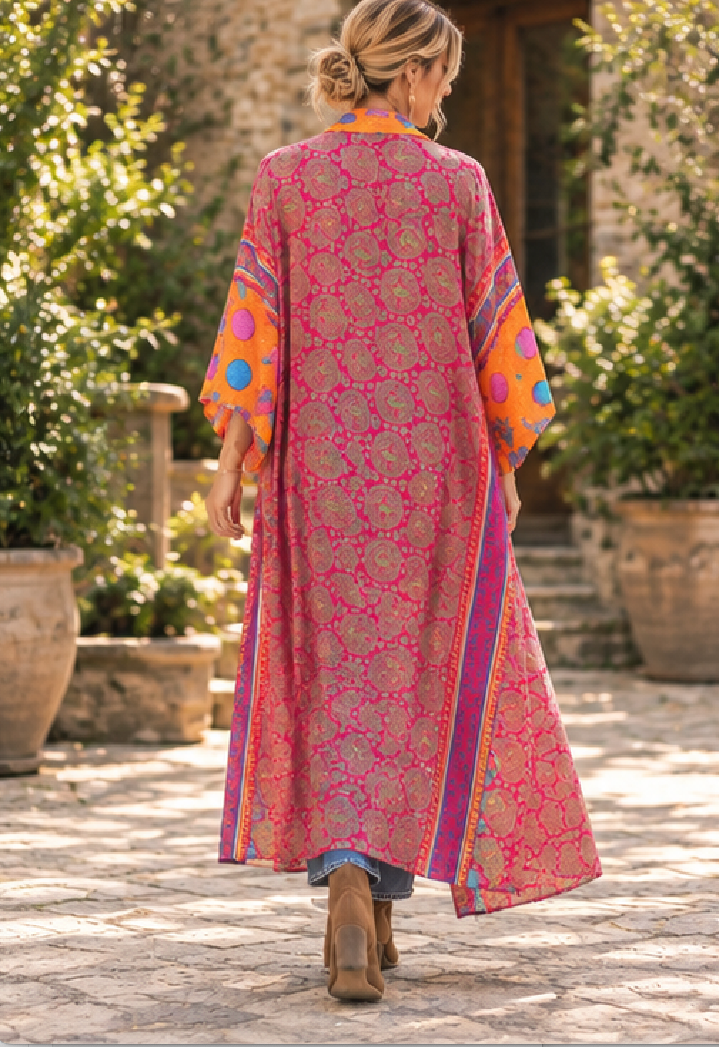 A woman viewed from behind wearing a long pink patterned kaftan dress with orange sleeves and colorful polka dots, walking on a stone path in an outdoor garden setting.
