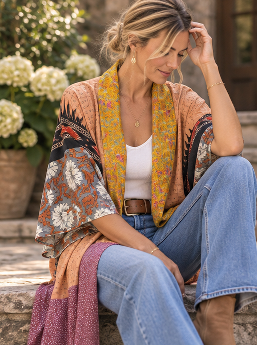 A woman sits outdoors on stone steps wearing a bohemian-style multicolor shawl draped over her shoulders, a white tank top, blue jeans, and brown boots. The shawl features a mix of floral, geometric, and paisley patterns in orange, yellow, black, and purple.