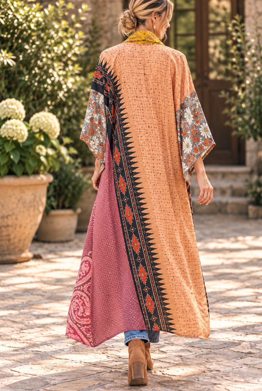 A woman viewed from behind wearing a long, loose-fitting bohemian-style maxi dress with a peach body, a dusty pink lower panel with paisley, and a black border with orange and white patterns. She is walking on a stone patio with potted plants in the background.