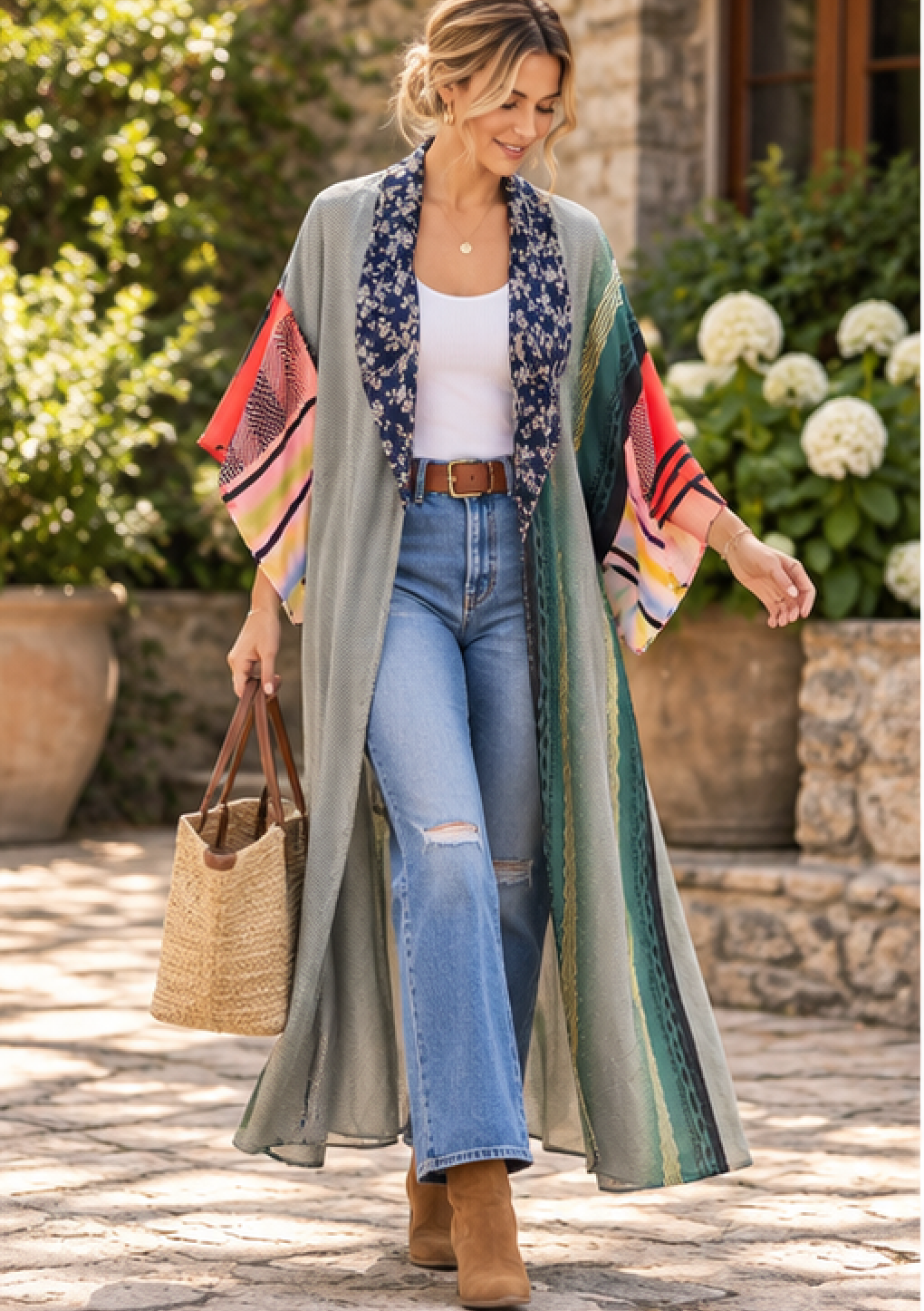 A woman stands outdoors wearing a long sage green open-front cardigan with multicolored patterned sleeves and a navy floral collar, layered over a white tank top and blue jeans. She is holding a woven straw tote bag in a sunlit stone walkway setting with plants in the background.
