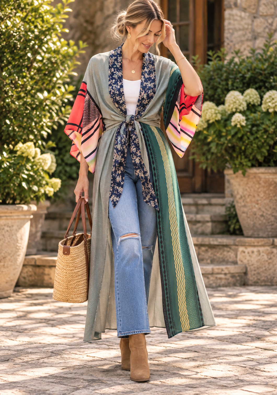 A woman stands outdoors in front of a stone building, wearing a long sage green kimono-style cardigan with multicolored striped and floral patterned sleeves and hem, tied at the waist over a white top and light blue jeans. She carries a woven straw tote bag.