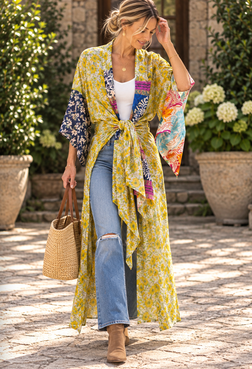 A woman walking outdoors wearing a long yellow floral kimono cardigan over a white top and blue jeans, holding a woven straw tote bag.
