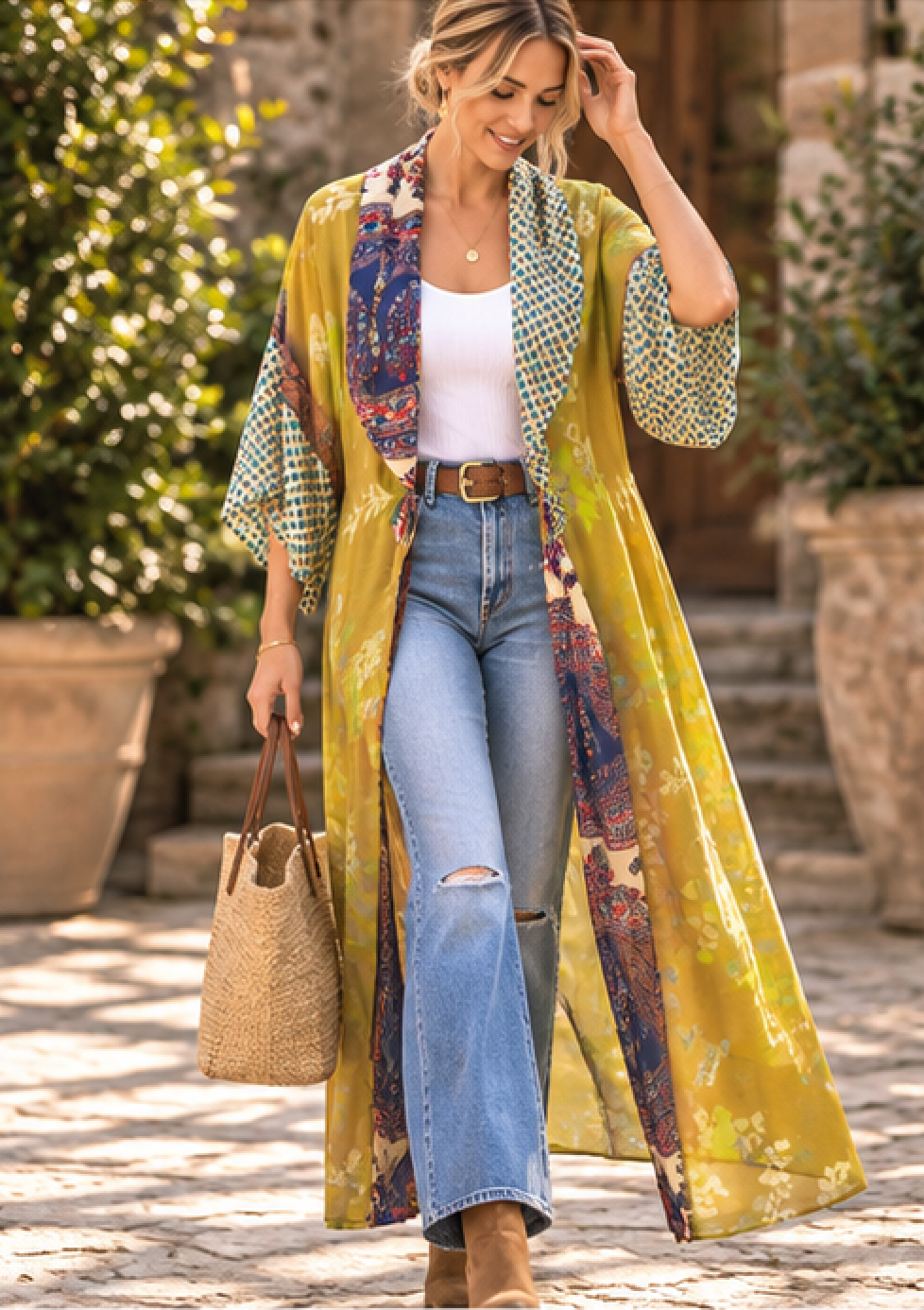 A woman walking outdoors wearing a long yellow patterned kimono-style cardigan over a white tank top and light blue jeans, holding a woven straw tote bag.