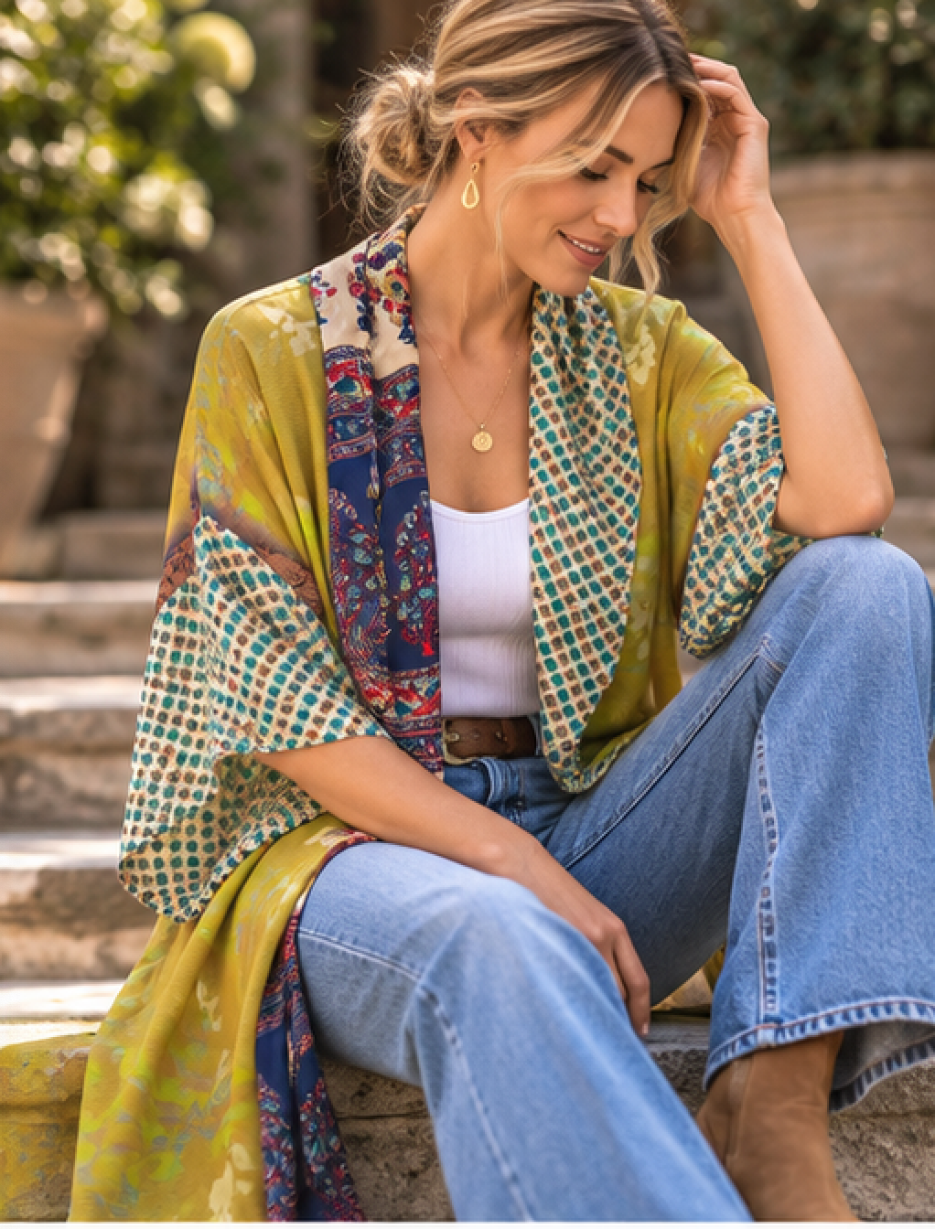 A woman sits on stone steps outdoors wearing a lightweight patterned kimono-style cardigan draped over a white tank top and blue jeans. The cardigan has a yellow-green base with geometric and paisley patterns in blue, red, and green.