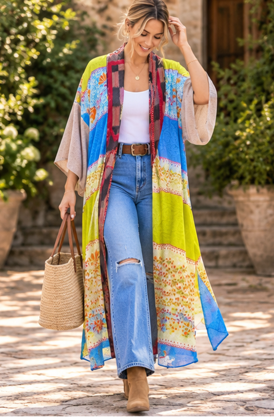 A woman walking outdoors wearing a long, open-front bohemian-style kimono cardigan with a vibrant multicolor patchwork print. The cardigan features panels of blue, lime green, pink, and beige.