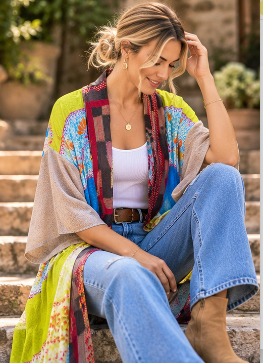 A woman sitting on outdoor stone steps wearing a colorful bohemian patchwork shawl over a white ribbed tank top and blue jeans.