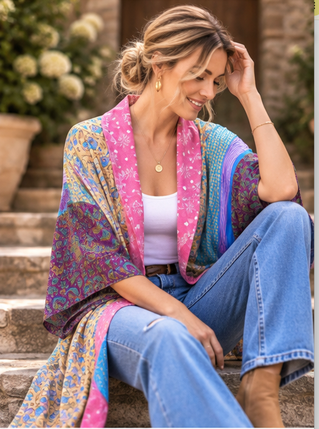A woman sits on stone steps outdoors wearing a vibrant, multicolored paisley shawl draped over her shoulders. The shawl features a mix of pink, blue, purple, and gold patterns.