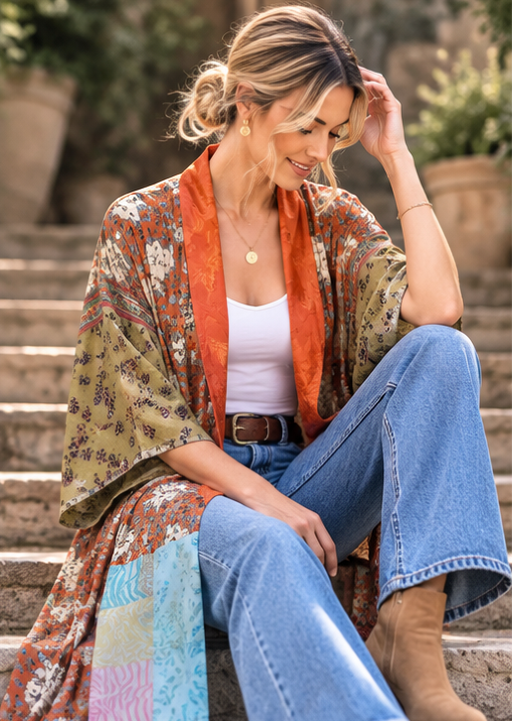 A woman sits on outdoor stone steps wearing a loose, multicolored patterned kimono cardigan over a white tank top, blue jeans, and tan ankle boots. The cardigan has a warm olive base with orange, rust, pink, and blue patchwork-style panels and floral motifs.