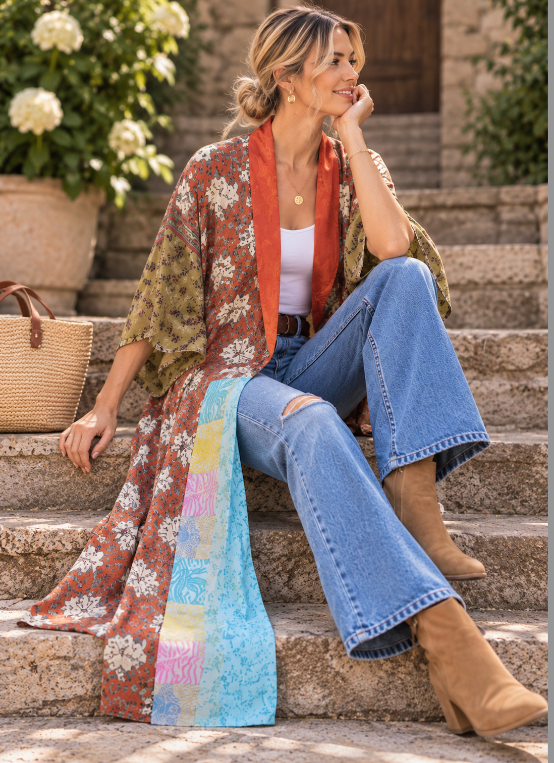 A woman sits on outdoor stone steps wearing a long, loose floral kimono-style cardigan in rust, olive, cream, and light blue tones, layered over a white top and paired with blue jeans and tan ankle boots. A woven straw bag rests beside her on the steps.
