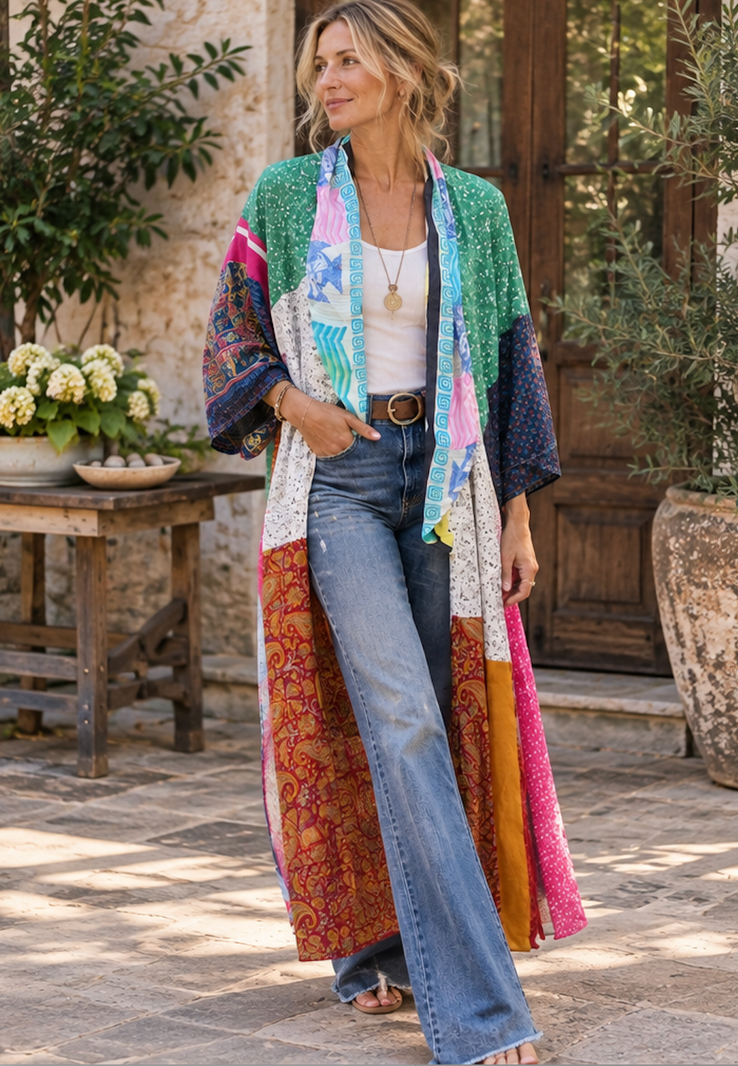 A woman stands outdoors in a rustic courtyard wearing a long, multicolored patchwork bohemian-style cardigan over a white tank top and wide-leg blue jeans.